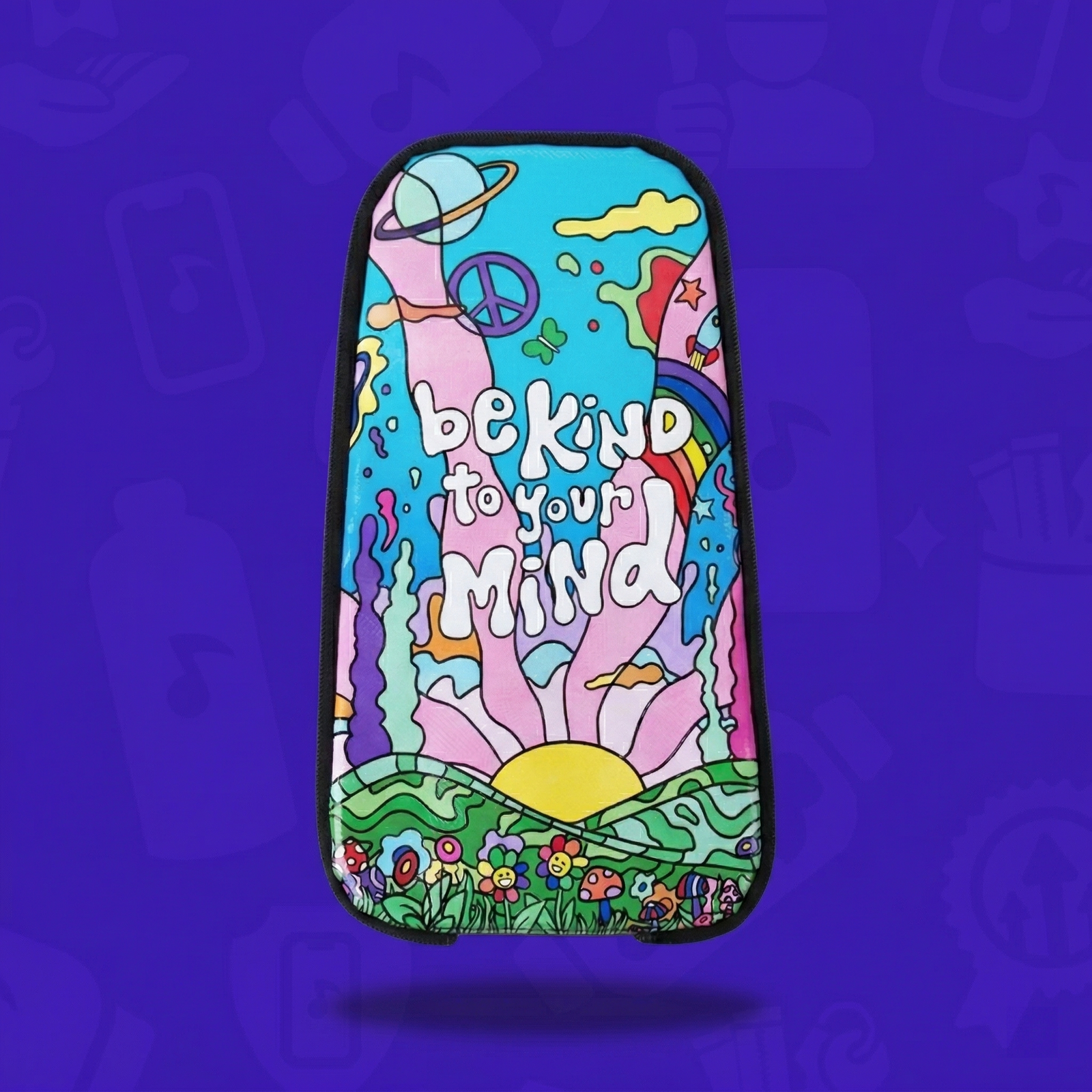 The A Kind Mind Skin for a Lunchbox hydration pack, featuring a colorful psychedelic illustration with "be kind to your mind" text, a peace sign, and a landscape with a rising sun, floating against a vibrant purple background.