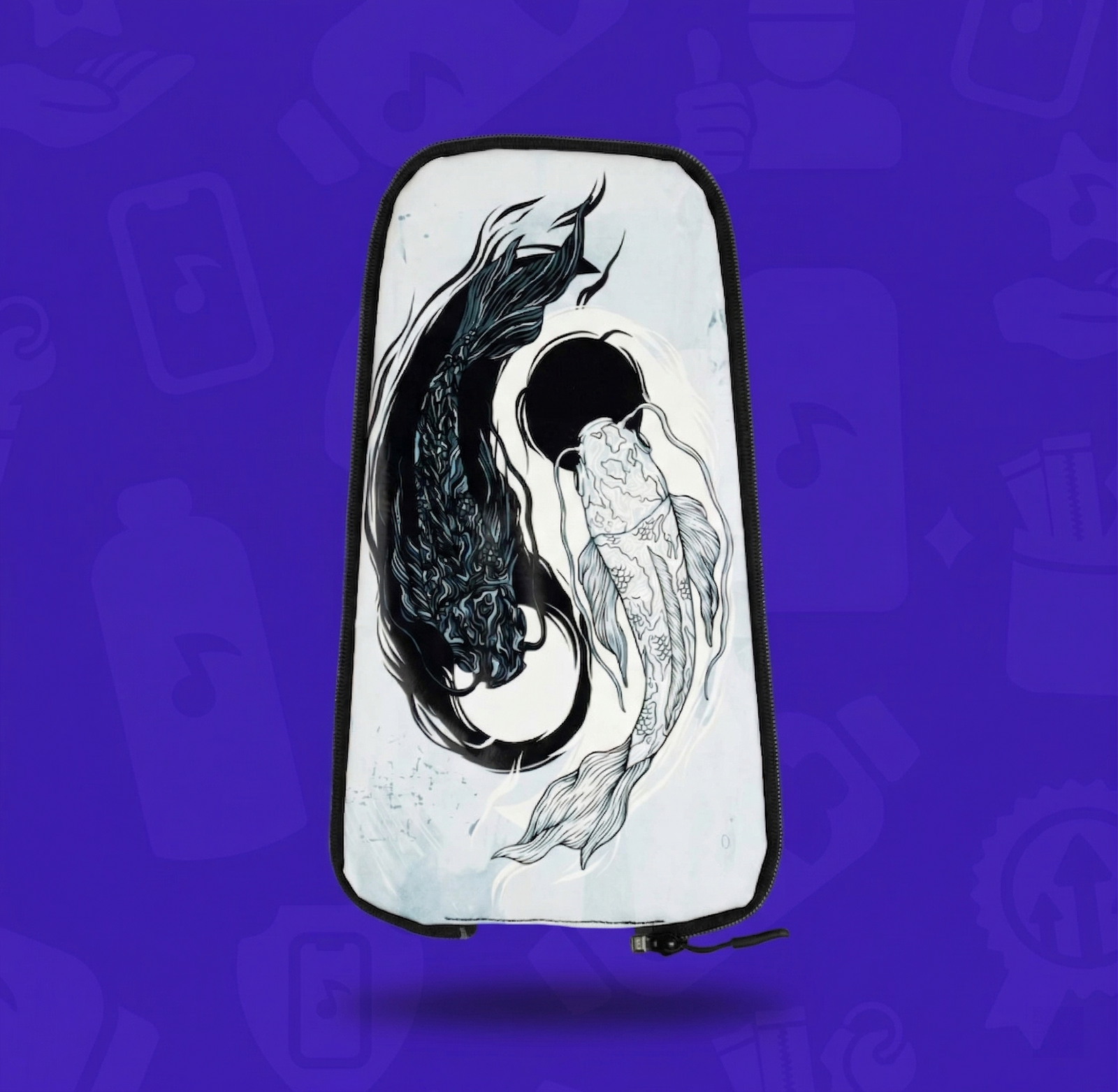 The Balance Skin zipped of a Lunchbox hydration pack, featuring a black and white Koi fish Yin and Yang design, floating with a drop shadow against a branded purple background.