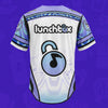 Back view of Lunchbox Packs baseball jersey featuring lunchbox text and music note lock logo