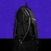 Rear view of the black Lunchbox Hydration Pack showing the breathable Cloud Mesh back panel, padded shoulder straps with an integrated phone pocket, and the insulated water hose, against a purple background.