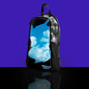 Blue sky and white clouds pattern skin on a clear anti-theft hydration pack, featuring a dreamy nature-inspired aesthetic on a vibrant purple background.