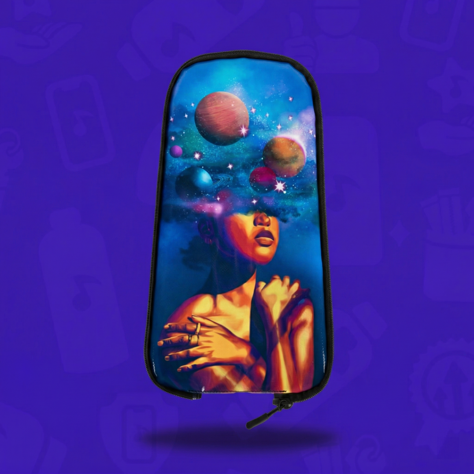 The Celestial Mind Skin for a Lunchbox hydration pack, featuring an ethereal design of a woman’s silhouette with swirling cosmic clouds, orbiting planets, and stars replacing her mind, shown against a vibrant purple background. 