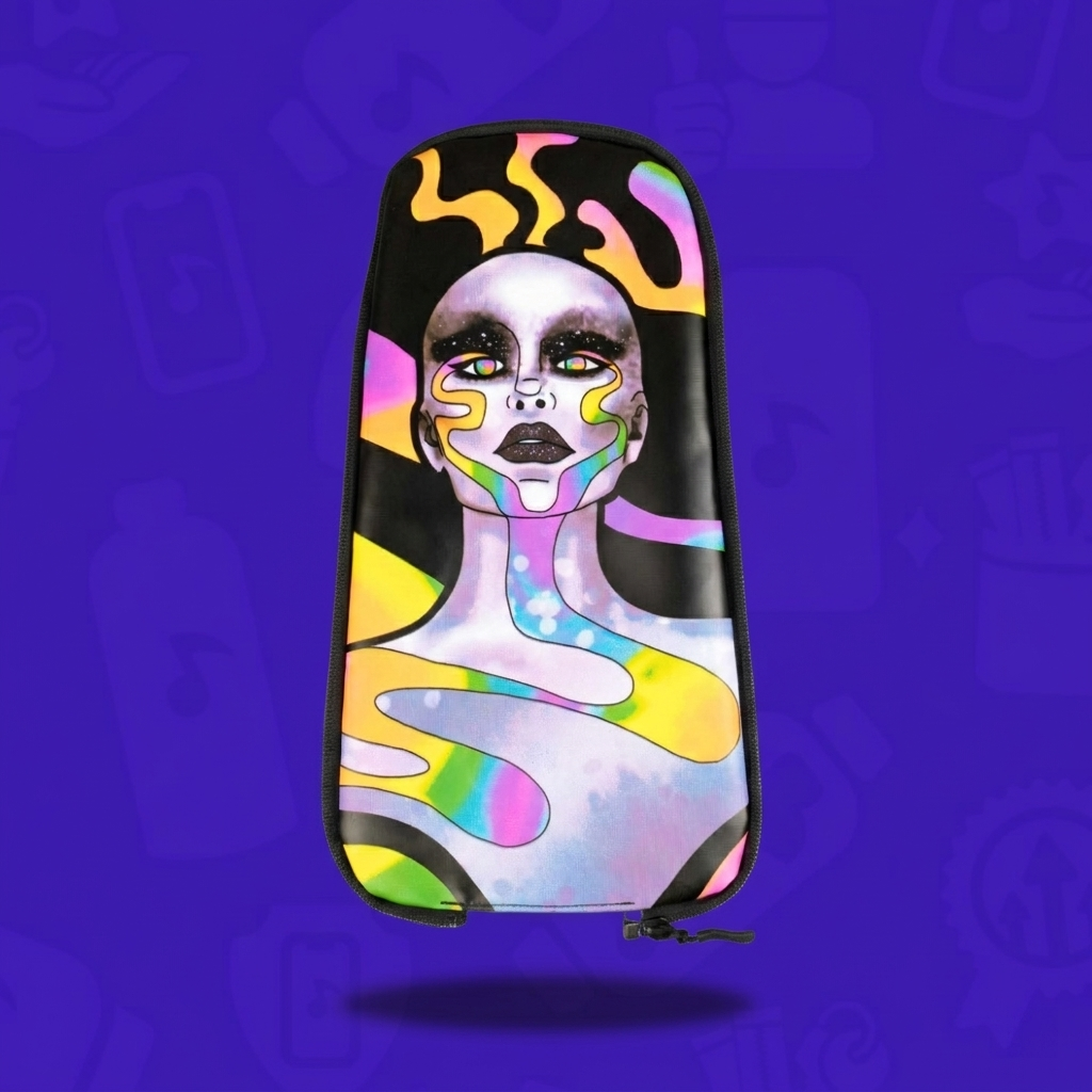 The Chromatic Vision Skin for a Lunchbox hydration pack, featuring a stylized woman’s portrait with rainbow geometric patterns, floating with a drop shadow against a branded purple background.