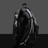Three-quarter rear view of the Clear Lunchbox Hydration Pack showing the black breathable airmesh backing, adjustable straps, and transparent TPU top compartment on a gray background