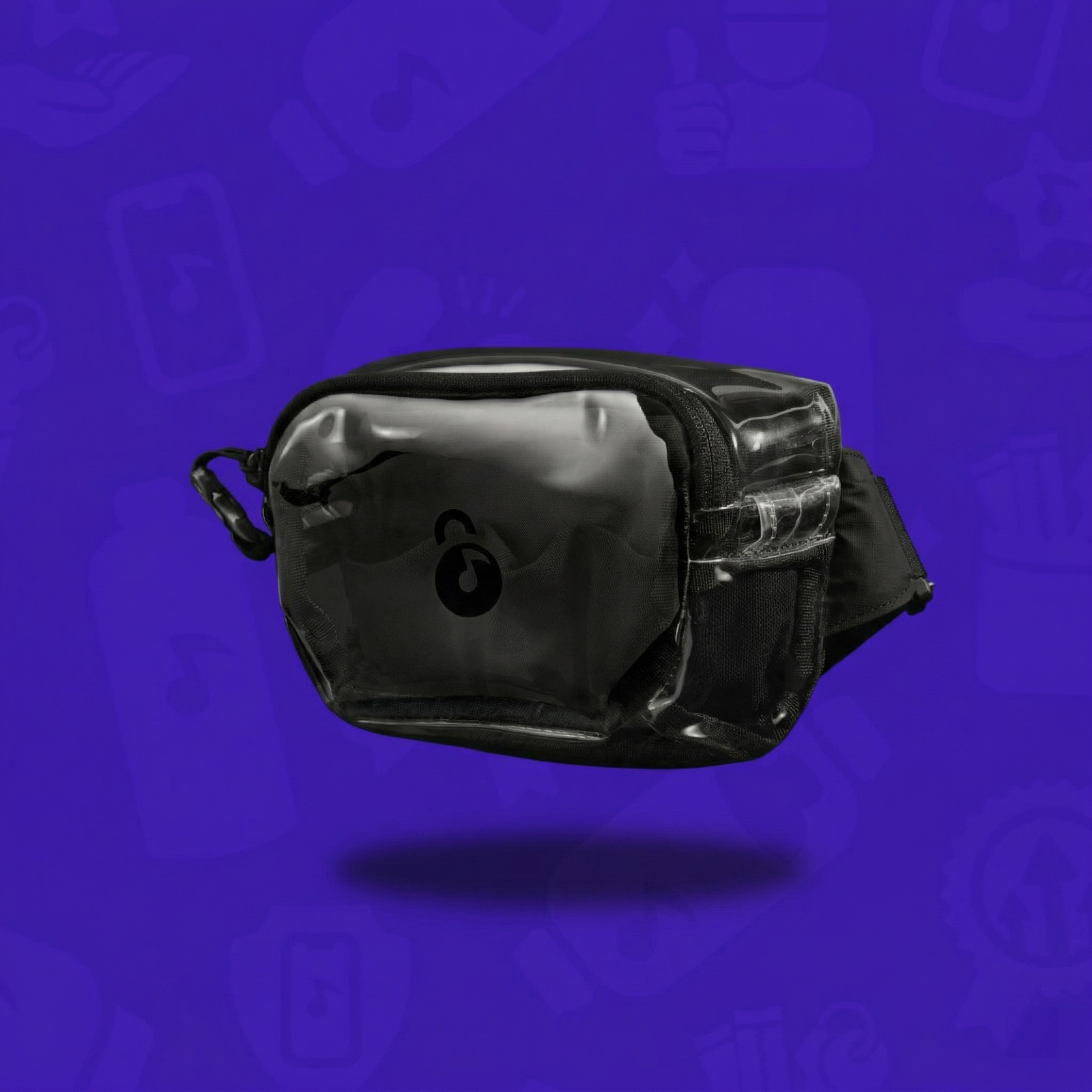 Front view of a clear Snack Pack made of water-resistant ripstop nylon, featuring a tonal embossed logo and a compact rectangular shape against a purple background.