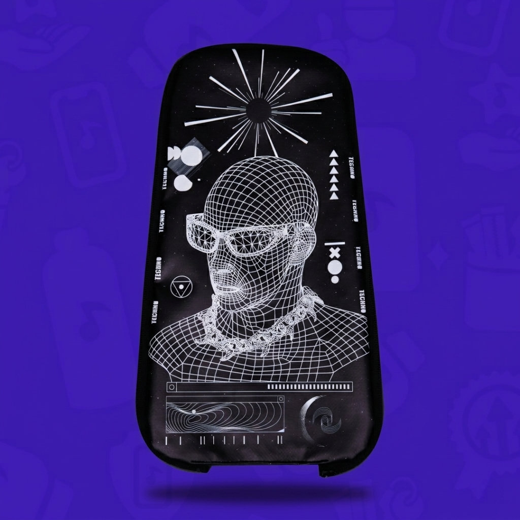 The Color Me Techno Skin for a Lunchbox hydration pack, featuring a white wireframe cyberpunk portrait with sunglasses and tech-themed geometric accents, floating with a drop shadow against a branded purple background.