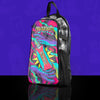 Neon cosmic punch space design skin on a clear festival hydration pack, featuring a transparent anti-theft design on a purple background