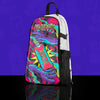 Neon cosmic punch space design skin on a white festival hydration pack, featuring a transparent anti-theft design on a purple background