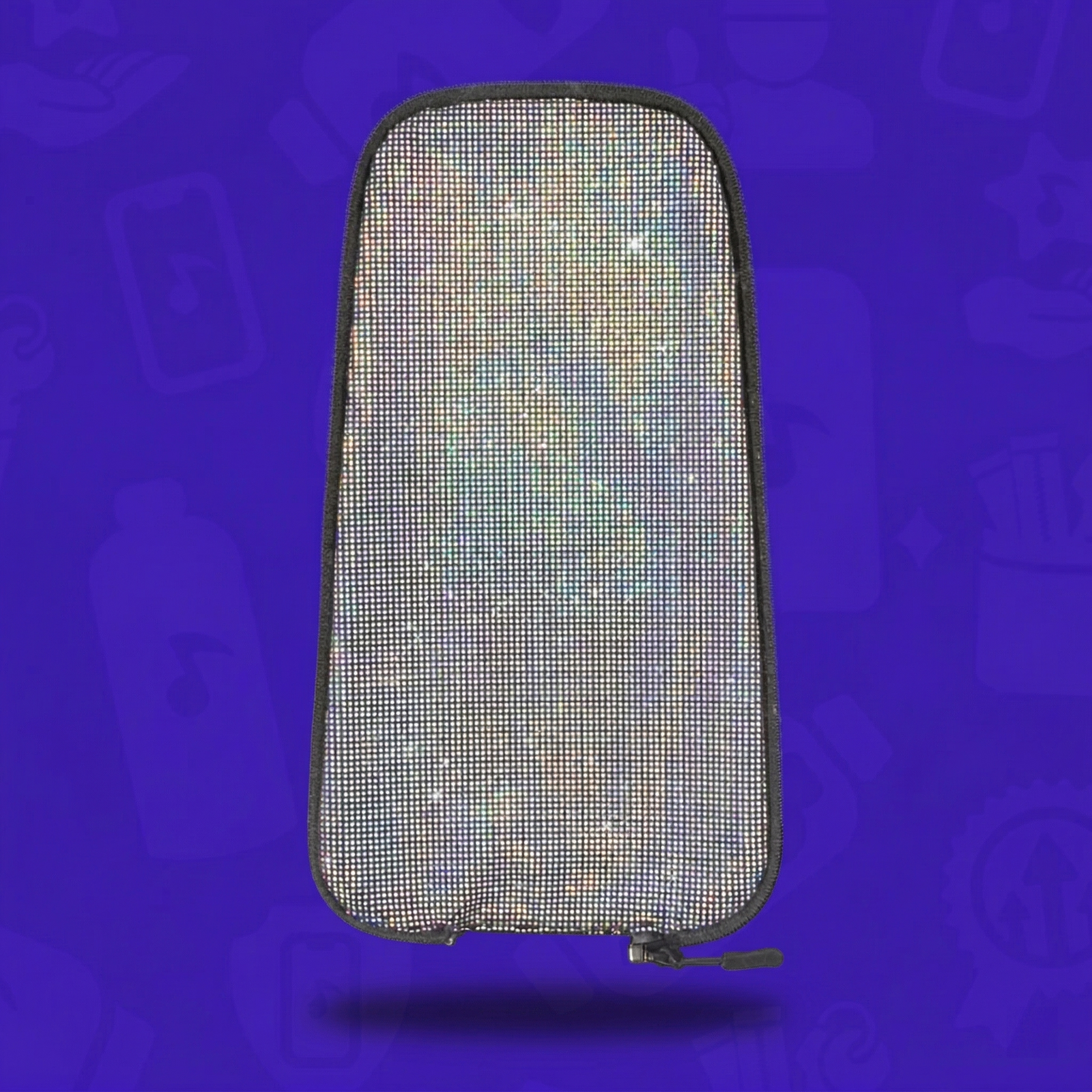 The Disco Queen Skin for a Lunchbox hydration pack, featuring a shimmering silver disco ball-inspired fabric with a grid pattern, floating with a drop shadow against a vibrant purple background.