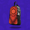 The Ember Bloom Skin zipped onto a clear Lunchbox hydration pack, featuring a vibrant red and orange symmetrical mandala with a geometric flower-of-life pattern, floating with a drop shadow against a branded purple background.