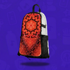 The Ember Bloom Skin zipped onto a white Lunchbox hydration pack, featuring a vibrant red and orange symmetrical mandala with a geometric flower-of-life pattern, floating with a drop shadow against a branded purple background.