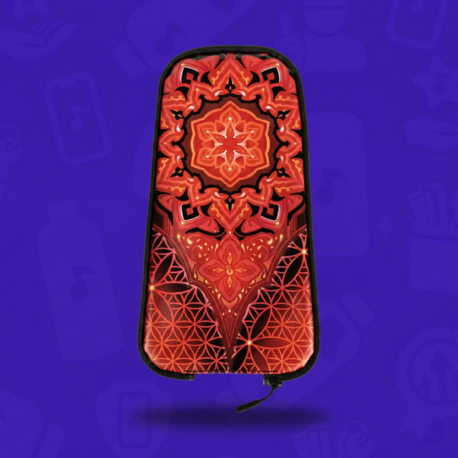 The Ember Bloom Skin for a Lunchbox hydration pack, featuring a vibrant red and orange symmetrical mandala with a geometric flower-of-life pattern, floating with a drop shadow against a branded purple background.