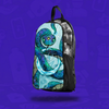 The Eternal Serpent Skin zipped onto a clear Lunchbox hydration pack, featuring an iridescent blue and green cosmic snake with glowing yellow eyes, floating with a drop shadow against a vibrant purple background.