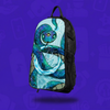 The Eternal Serpent Skin zipped onto a black Lunchbox hydration pack, featuring an iridescent blue and green cosmic snake with glowing yellow eyes, floating with a drop shadow against a vibrant purple background.