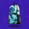 The Eternal Serpent Skin zipped onto a white Lunchbox hydration pack, featuring an iridescent blue and green cosmic snake with glowing yellow eyes, floating with a drop shadow against a vibrant purple background.