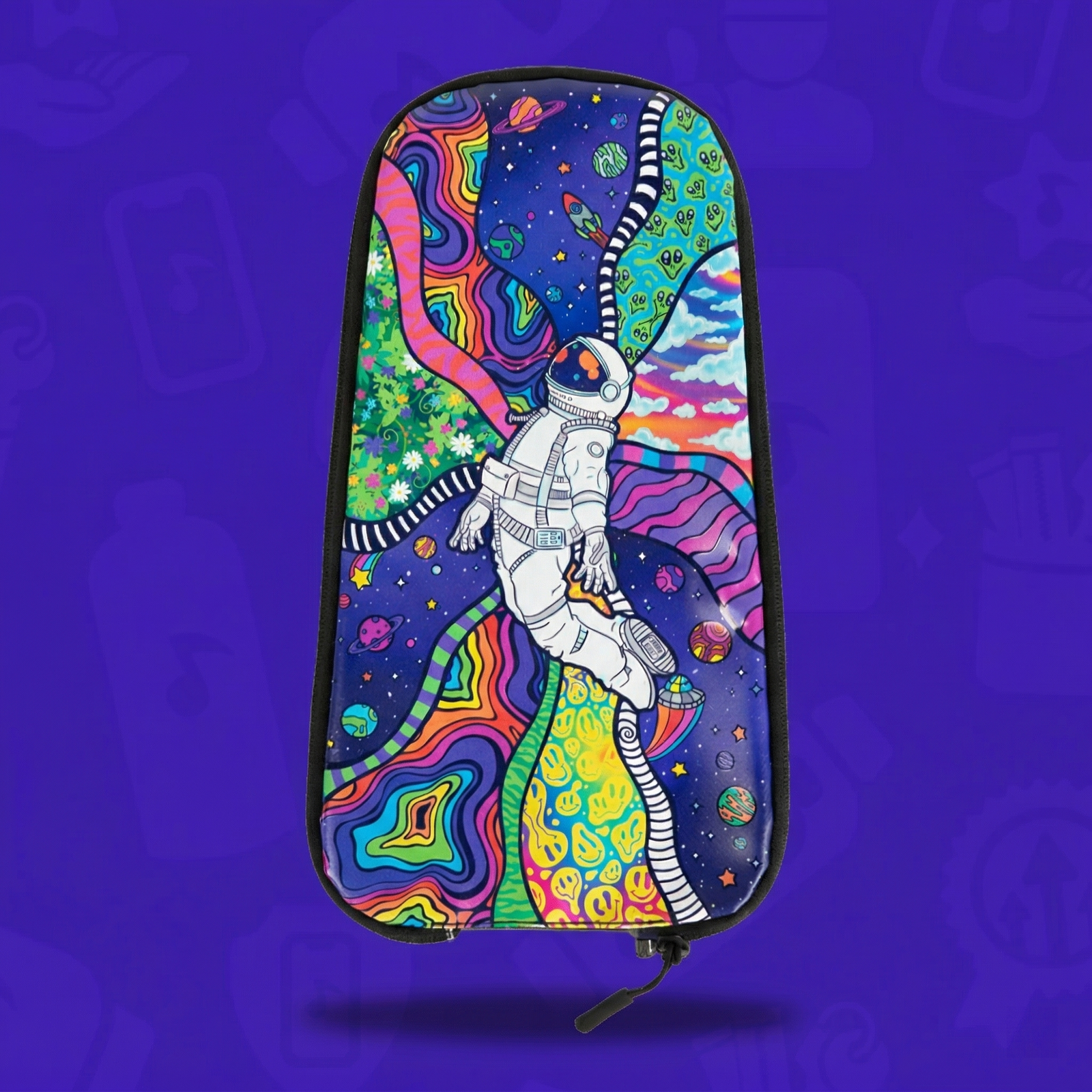The Funkonaut Skin for a Lunchbox hydration pack, featuring a detailed psychedelic illustration of an astronaut floating through a vibrant cosmos with swirling rainbow dimensions, shown against a purple background.