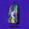 The Funkonaut Skin zipped onto a black Lunchbox hydration pack, featuring a psychedelic astronaut floating through a cosmos of colorful swirling dimensions, floating with a drop shadow against a vibrant purple background.