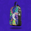 The Funkonaut Skin zipped onto a clear Lunchbox hydration pack, featuring a psychedelic astronaut floating through a cosmos of colorful swirling dimensions, floating with a drop shadow against a vibrant purple background.