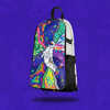 The Funkonaut Skin zipped onto a white Lunchbox hydration pack, featuring a psychedelic astronaut floating through a cosmos of colorful swirling dimensions, floating with a drop shadow against a vibrant purple background.