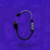 USB controller cable with a standard USB-A connector and inline control module on a purple background