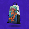 The Geo Jelly Skin zipped onto a white Lunchbox hydration pack, featuring a vibrant orange jellyfish and teal sacred geometry, floating with a drop shadow against a branded purple background.