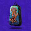 The Geo Jelly Skin zipped onto a black Lunchbox hydration pack, featuring a vibrant orange jellyfish and teal sacred geometry, floating with a drop shadow against a branded purple background.