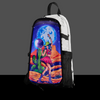 The Lunar Lasso Skin zipped onto a white Lunchbox hydration pack, featuring a cosmic disco cowgirl holding a disco ball under a large blue moon in a desert landscape, shown against a gray background.