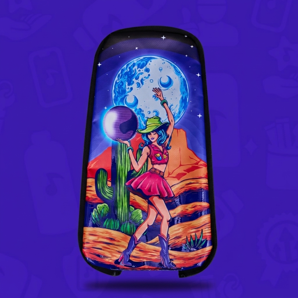 The Lunar Lasso Skin for a Lunchbox hydration pack, featuring a cosmic disco cowgirl holding a disco ball in a desert landscape with a blue moon, floating with a drop shadow against a branded purple background.