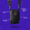Front view of the black Lunchbox Phone Satchel on a purple background with text labels for 6 Organizational Pockets, Built In Wallet and Card Pocket, Adjustable Straps For Multiple Ways To Wear, and Anti-Theft Zipper Clips.