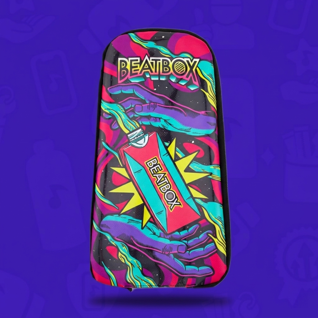The Cosmic Punch Skin for a Lunchbox hydration pack, featuring a psychedelic design with a purple hand holding a BeatBox beverage, floating with a drop shadow against a branded purple background.