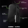 Diagram showing features of the Lunchbox hydration pack including interchangeable skin, anti-theft zipper clips, lightshow wire compatibility, and exterior hand fan pocket