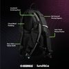 Back view feature diagram of the Lunchbox hydration pack highlighting cloud mesh padding, insulated drinking hose, anti-theft phone pocket, and easy side water refill