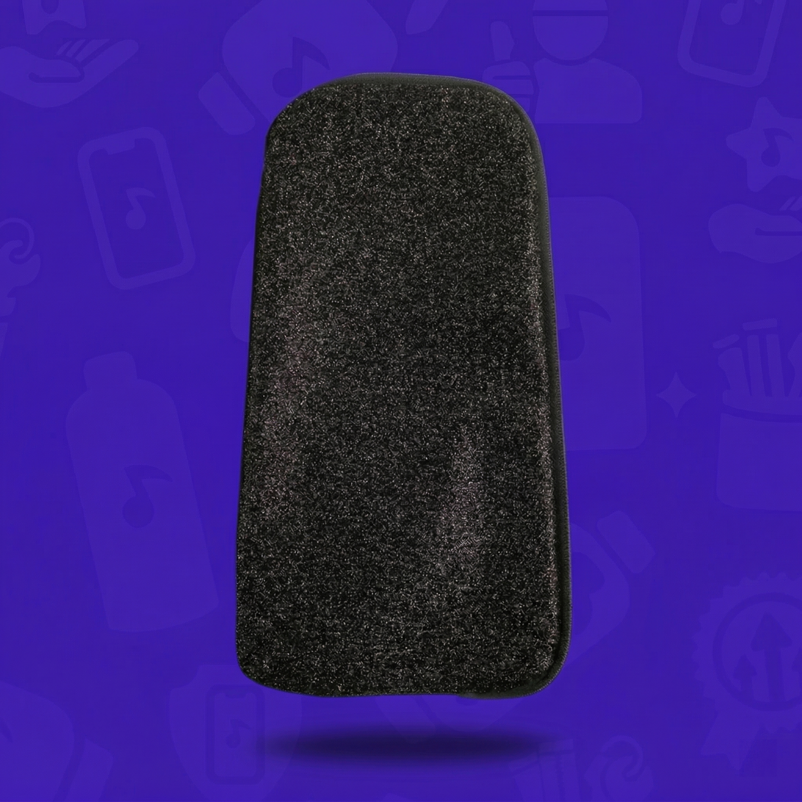 The Midnight Spark Skin for a Lunchbox hydration pack, featuring a shimmering black glitter texture that reflects light, floating with a drop shadow against a vibrant purple background with faint brand icons.