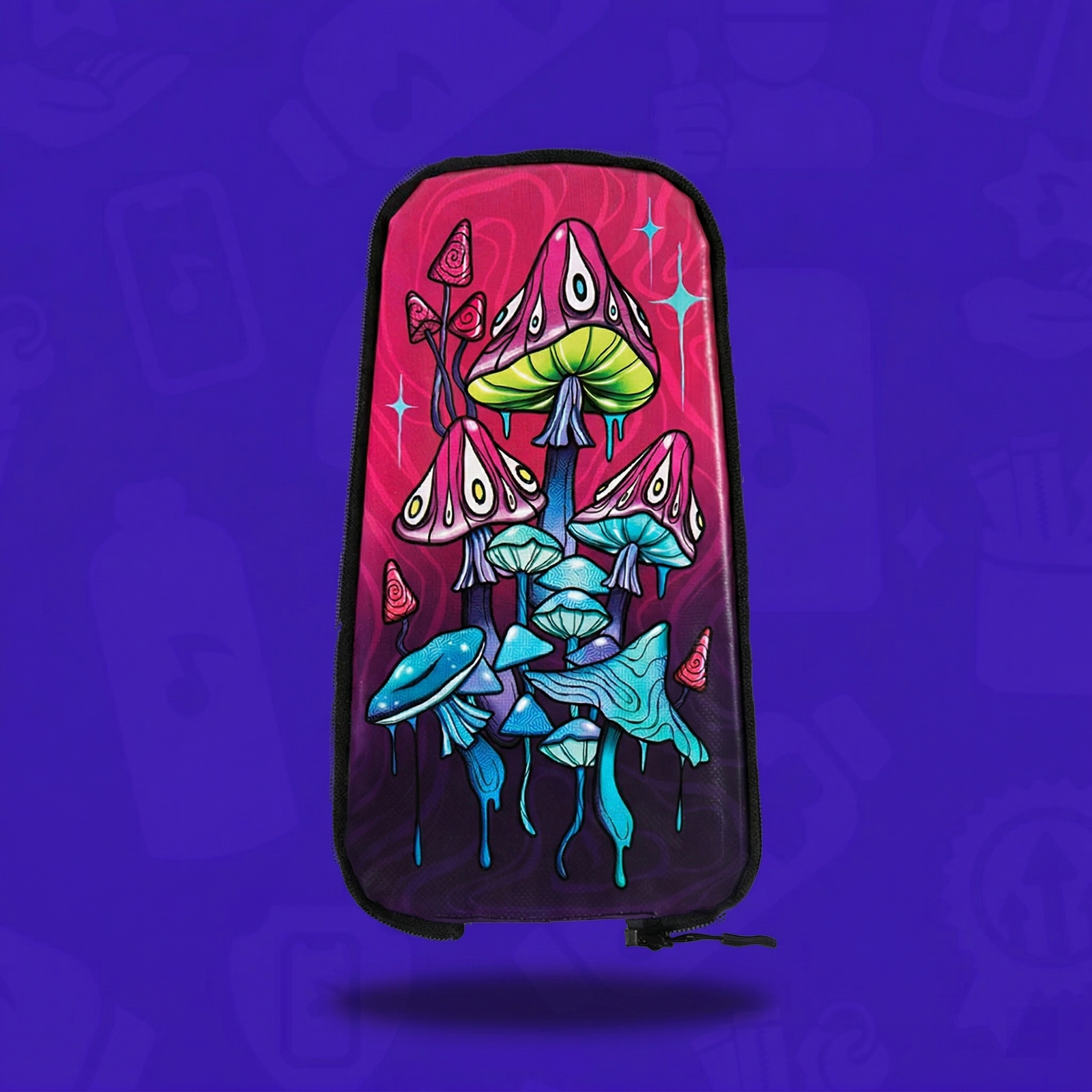 The Mystic Mushroom Skin for a Lunchbox hydration pack, featuring a vibrant, psychedelic design of various trippy mushrooms with eyes, dripping accents, and sparkling stars in shades of pink, teal, and lime green, shown against a vibrant purple background.