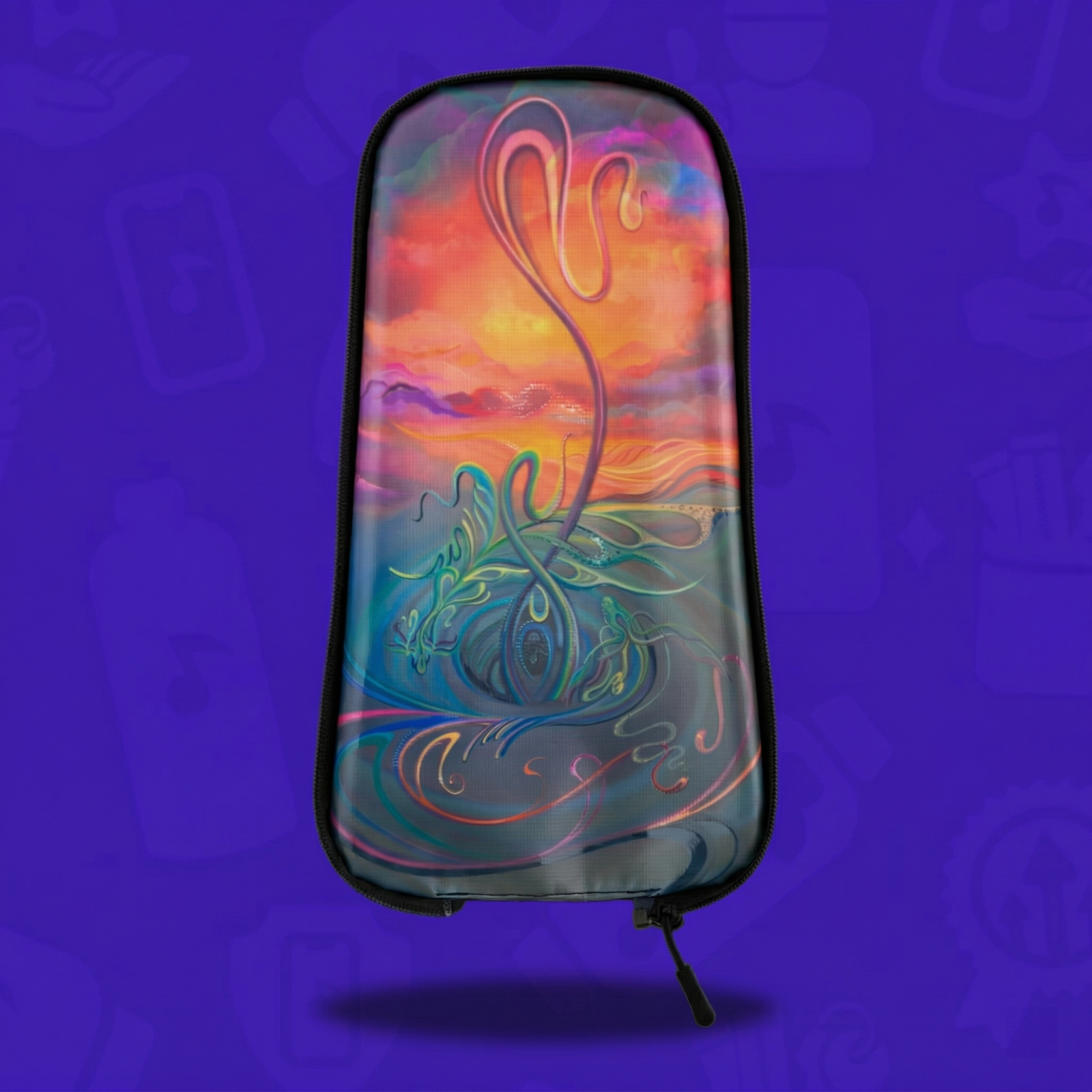 Nebula Skin for Lunchbox Packs hydration pack featuring an otherworldly art piece of two dragon fish swimming in a cosmic whirlpool. This interchangeable festival bag skin by artist Sarah Sackmann depicts a dreamscape of nebulous clouds and a warm sunset glow on a vibrant purple background.
