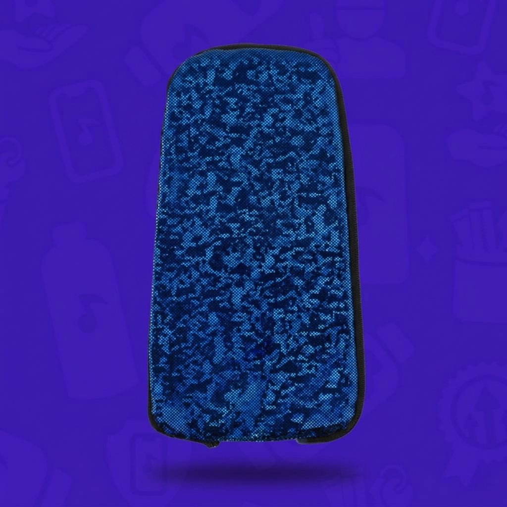 The Obsidian Tide Skin for a Lunchbox hydration pack, featuring a shimmering blue and purple pixel-patterned texture, floating with a drop shadow against a branded purple background.