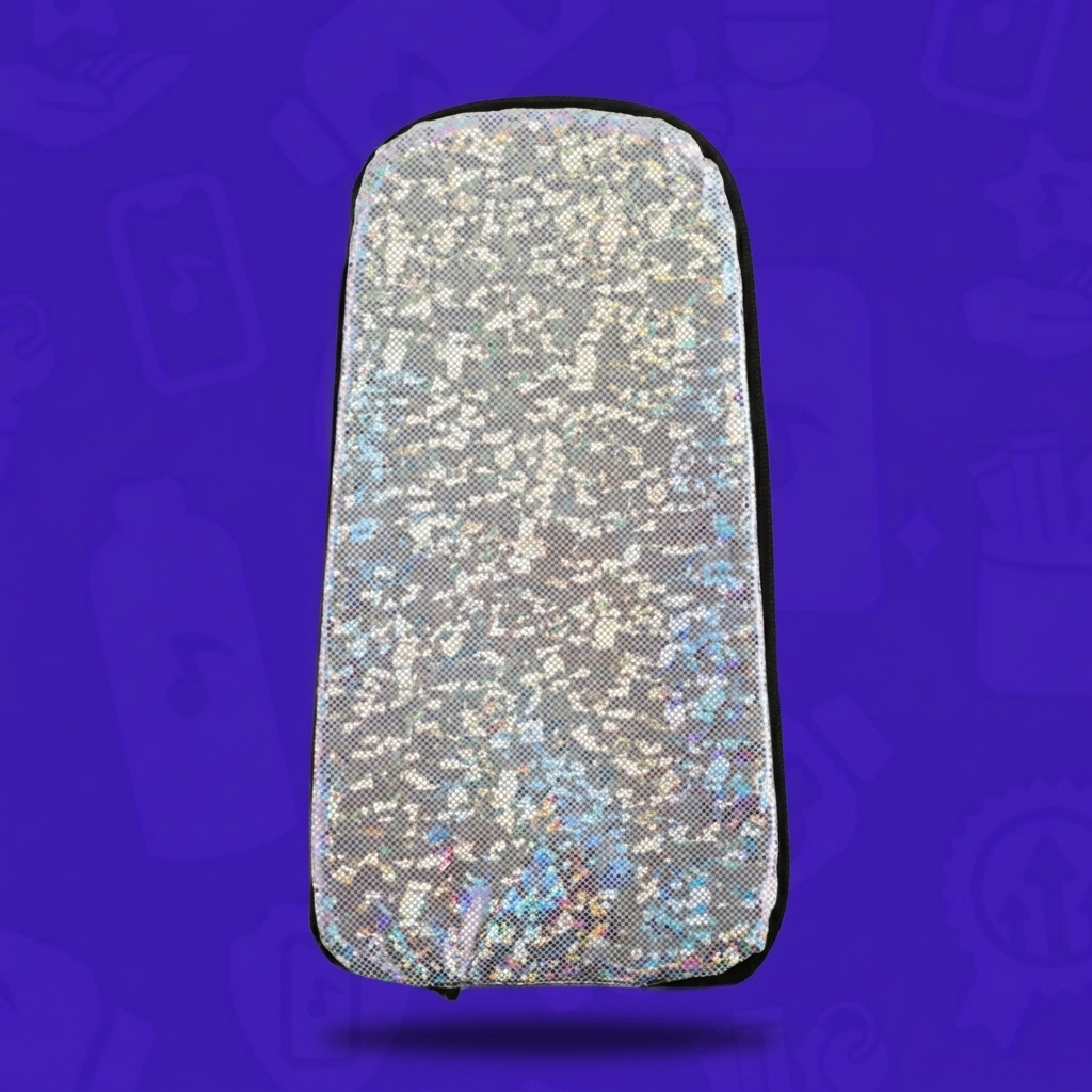 The Prismatic Skin for a Lunchbox hydration pack, featuring a silver holographic cracked-ice texture that reflects a spectrum of colors, floating with a drop shadow against a branded purple background.