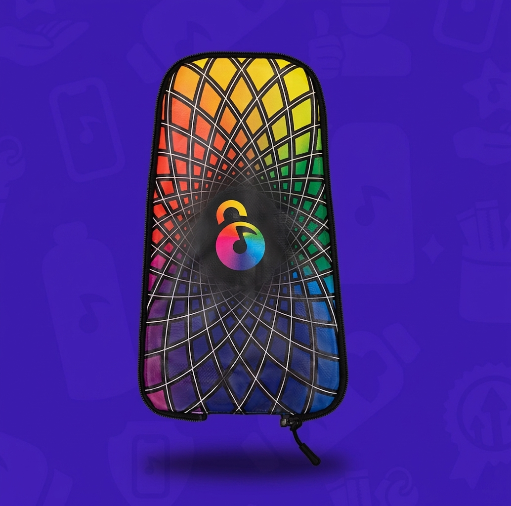 The Rainbow's Edge Skin for a Lunchbox hydration pack, featuring a vibrant rainbow gradient with a white wireframe spiral overlay and the circular "LB" logo, floating with a drop shadow against a branded purple background.