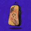 The Soluna Skin for a Lunchbox hydration pack, featuring a celestial art design of a golden sun with three eyes and a face, flanked by two reaching hands, floating with a drop shadow against a solid purple background.