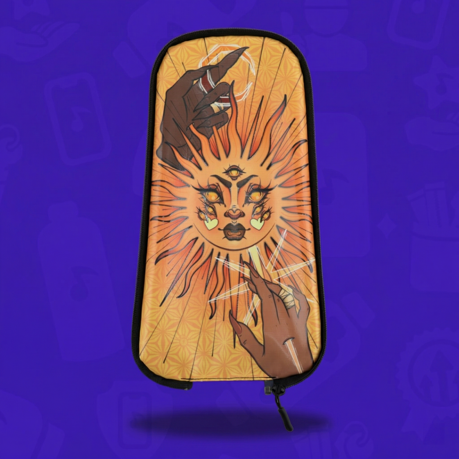 The Soluna Skin for a Lunchbox hydration pack, featuring a vibrant celestial illustration of a sun with a face and three eyes, flanked by two reaching hands, displayed with a drop shadow on a solid purple background.