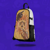 The Soluna Skin for a Lunchbox hydration pack, featuring a celestial art design of a golden sun with three eyes and a face, flanked by two reaching hands, floating with a drop shadow against a solid purple background.