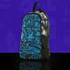 The RooPrint Bonnaroo 2025 limited edition skin by Alex Alpert on a clear anti-theft hydration pack, featuring blue festival line art and shown from a side profile against a vibrant purple background