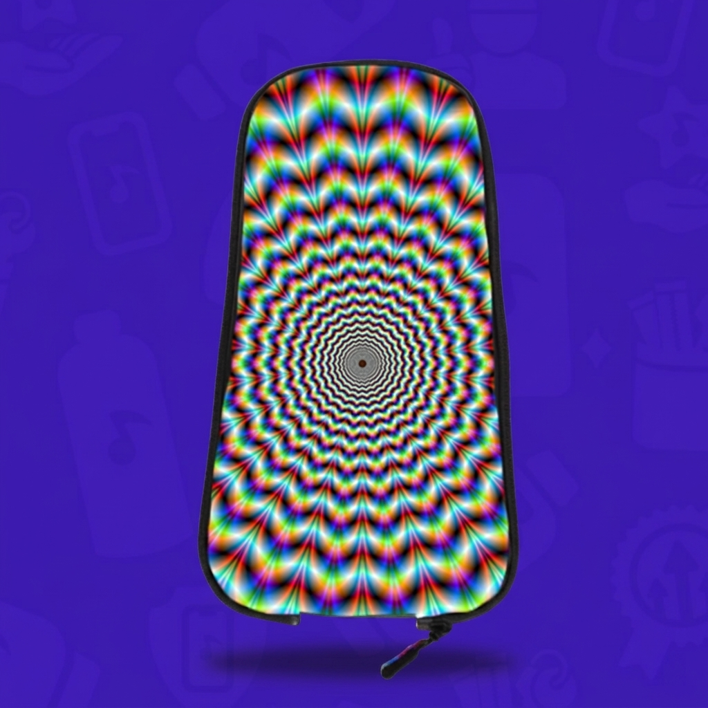 The "It's Trippy Life" skin for a Lunchbox hydration pack, featuring a vibrant, multicolored psychedelic spiral pattern that creates a hypnotic visual effect, floating with a drop shadow against a branded purple background.