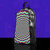 Colorful psychedelic spiral pattern skin on a clear anti-theft hydration pack, featuring a transparent festival bag design on a purple background