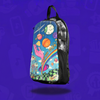 Which Way To Roo Skin on a clear Lunchbox Packs hydration backpack featuring a vibrant cosmic Bonnaroo 2026 design with planets, a Ferris wheel, and a psychedelic hand reaching for the stars against a purple background.