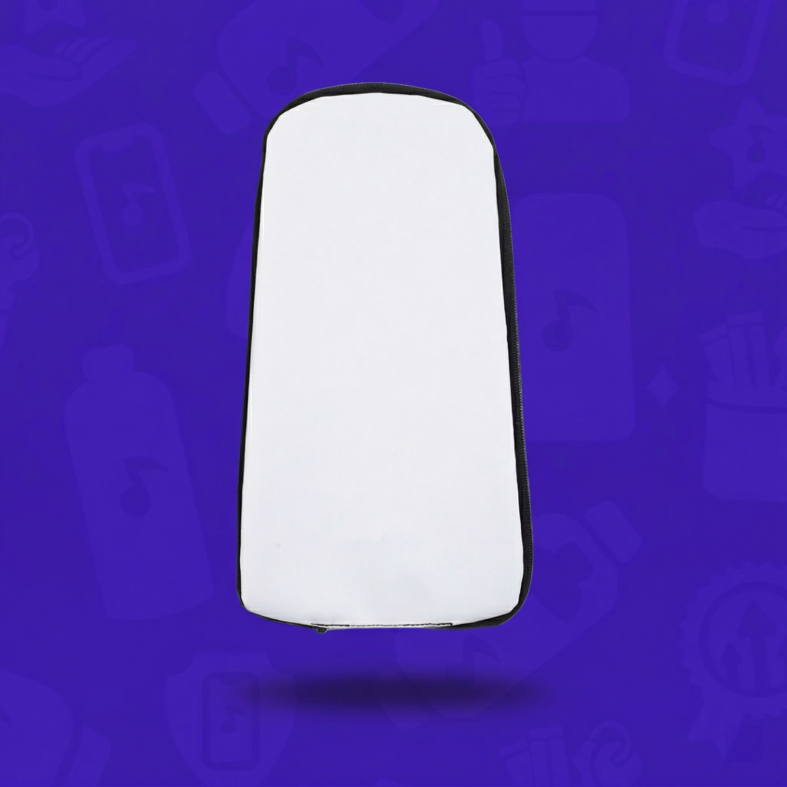 A plain white DIY "blank canvas" skin for a Lunchbox hydration pack, featuring a matte surface for custom art and black zipper trim, floating with a drop shadow against a branded purple background.