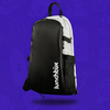 angled profile of a white and black Lunchbox Hydration Pack featuring a black front panel with a vertical white logo, a black mesh side pocket, and adjustable Cloud Mesh shoulder straps on a purple background.