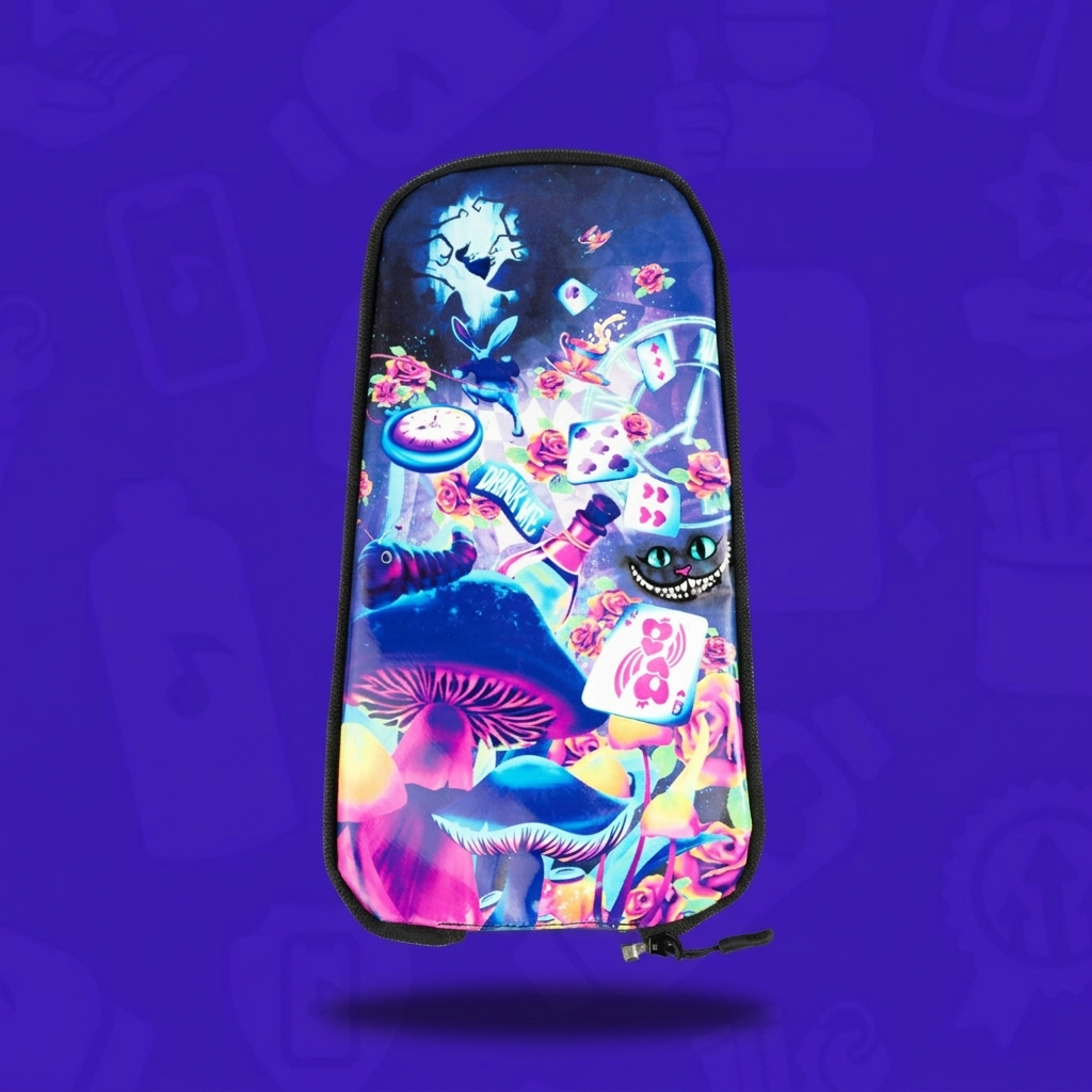The Wonderland Skin for a Lunchbox hydration pack, featuring a detailed Alice in Wonderland collage with the Cheshire Cat and playing cards, floating with a drop shadow against a branded purple background.
