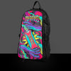 Neon cosmic punch space design skin on a black anti-theft hydration pack, featuring a surreal psychedelic aesthetic on a gray background