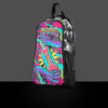Neon cosmic punch space design skin on a clear festival hydration pack, featuring a transparent anti-theft design on a gray background